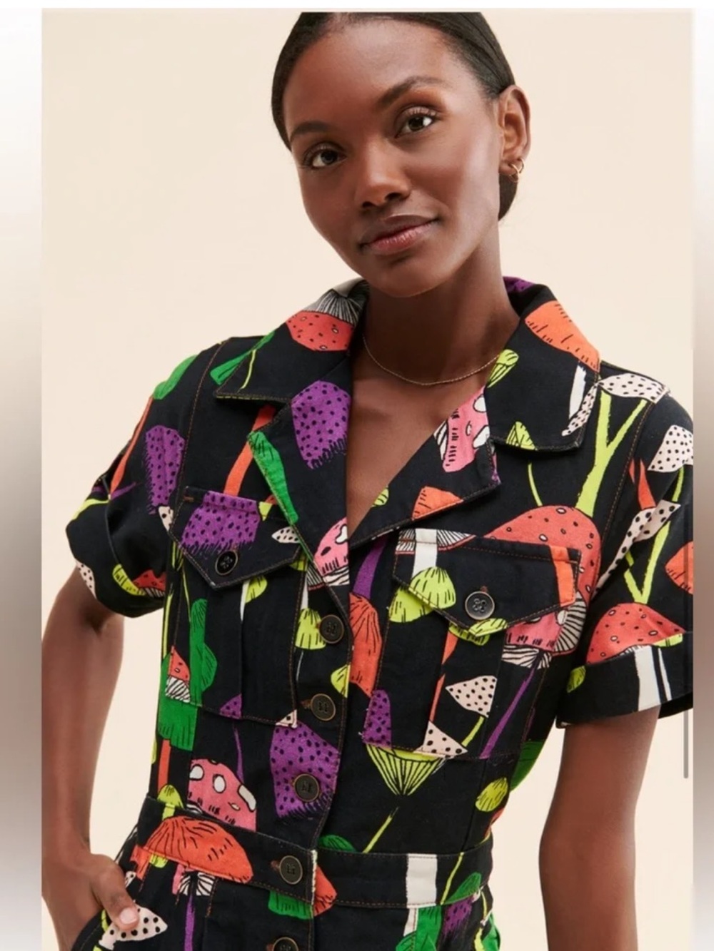 Farm Rio Black Mushroom Print Jumpsuit - Multicolor - Picture 7 of 12